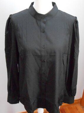 NEW Women's Black Long Sleeve Button Up Mandarin Collar Dress Shirt Size-M